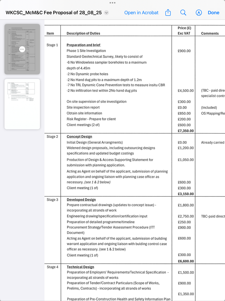 Architects cost breakdown. Stage 1 only refers
